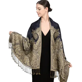 Achillea Pashmina-Schal mit Fransen, weich, seidig, wendbar, Paisleymuster, Big Paisley Navy