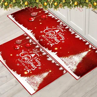 PORJDN Weihnachtsteppich Set Weihnachten Innenboden Roter Teppich, Xmas Türmatte Läufer Teppichmatte für Küche Heimdekor Waschbare Läufer. (Style C, 43x150+43x75cm)