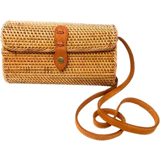 Rattan Tasche Wallet braun mit langem Leder Riemen geflochten Damen Korbtasche Umhängetasche Strohtasche Crossbody bag 21cm (braun)