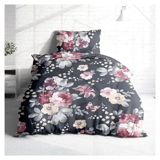 Biber Bettwäsche Set 2tlg 135x200 cm + 80x80 cm – Flauschige Rosen Bettwäsche Grau – Weiche Winterbettwäsche mit Blumen – Atmungsaktiv, Warm & Hautfreundlich – 100% Baumwolle - Grau