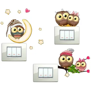 Wandtattoo, süße Eulen auf einem Ast mit Herzblättern, Wanddekoration, Aufkleber, für Innenbereich, farbig