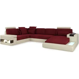 XXL Ecksofa U Form Ledersofa Sofa Polster Couch Leder Textil USB Wohnlandschaft - Rot