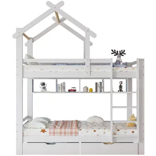 Stilvora Etagenbett 90/200 cm in Weiß mit Schubladen und Regalen aus Kieferholz im Hausbett-Design , Holz , 90x200 cm , Babymöbel & Kindermöbel, Kinderzimmer & Jugendzimmer, Stockbetten
