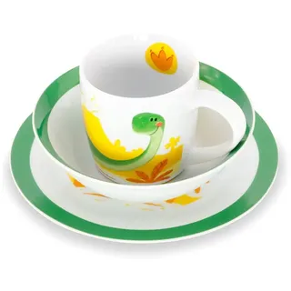 GREENBOX Porzellan Kinder-Geschirrset I Frühstücksset 3-teilig spülmaschinenfest I weißes Tasse-Teller-Schüssel-Set mit Motiv I Geschenkideen für Kinder I lustiges Kindergeschirr mit Dino-Bild