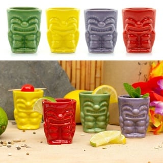 CKB LTD Keramik-Tiki-Bar-Schnapsgläser, 50 ml, 4 Stück, kleine Spirituosen-Trinkgläser, ideal für Hawaii-Party, farbige Keramik, 50 ml