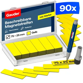 GAUDER Magnetetiketten beschreibbar - Wiederverwendbare Magnetschilder zum Beschriften für Whiteboard, Tafel, Kanban-Board und Kühlschrank - Magnetkarten mit Marker (90 Stück - 75 x 25 mm)