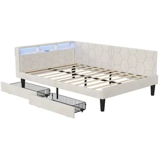 EuroLiving Polsterbett 140x200 cm Tagesbett mit 2 Schubladen, LED & Usb, Doppelbett mit Kopfteil Stauraum, Beige , Metall , 140x200 cm , Schlafzimmer, Betten, Polsterbetten