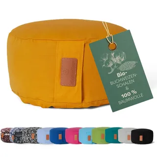 #DoYourYoga Yogakissen »Vishnu« mit Kordelverschluss & Bio-Buchweizen Füllung - Höhe 15cm / Durchmesser 30cm - Meditationskissen Maschinenwaschbar Sitzkissen für Meditationen currygelb