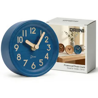 Driini Analoge Tischuhr aus Holz, 10,9 cm, dekorative Uhr aus Kiefernholz, kein Ticken, leicht zu lesen, geräuschlos, schleichend, leise Tischuhren mit Holzkörper, Zeigern und Batterieabdeckung, Blau