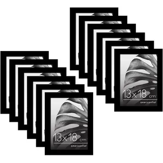 Americanflat Bilderrahmen 13x18 cm aus MDF-Holz und poliertem Plexi-Scheibe - Collage Bilderrahmen Set (12er Pack) - inkl. Ständer und integrierter Aufhängung für Hoch- und Querformat - Schwarz