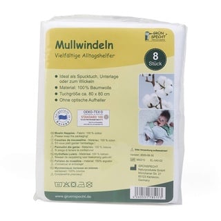 Grünspecht Mullwindeln 80x80cm aus 100 % Baumwolle, Spucktücher, ohne optische Aufheller, hautfreundlich & saugstark, 5 Stück, weiß (598-00)