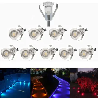 CHNXU 10er Set Mini Treppen Einbaustrahler Ø18mm 7LM RGB Farbwechsel Bodeneinbauleuchte LED IP67 Wasserdicht Aussen und Innen Deckenstrahler Boden Lampe mit 12V Netzteil für Garten Terrasse Küche Bad