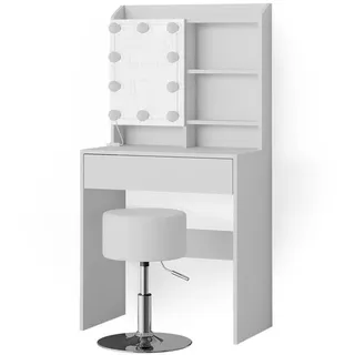 Vicco Schminktisch Laura Weiß 70 cm mit LED Beleuchtung und Hocker 70x136 Spiegelschrank modern Schlafzimmer, Schminktische