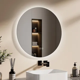 EMKE LED Badezimmerspiegel Badspiegel mit Beleuchtung Rund 60cm 3 Lichtfarben Dimmbar Lichtspiegel mit Touchschalter Energiesparend LED Spiegel - Silber