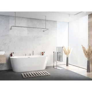 Alu Duschvorhangstange Silber glänzend 70x165x70 cm barrierefrei passend Für Badewanne, U-Form, Inkl. Deckenhalterungen, Inkl. Ringe - Weiß