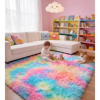 VOFUSHON Teppich Wohnzimmer 200 x 300 cm Regenbogen | Hochflor, Waschbar, OEKO-TEX Zertifiziert, 35D Rückprallschaum, Schlafzimmer, Rutschfeste Unterseite, Flauschig