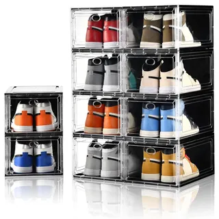 Amllas 10 Stück Schuhboxen, stapelbar, verbesserte stabile Schuh-Aufbewahrungsboxen mit transparenter magnetischer Tür, Schuhbox, Organizer für bis zu US-Größe 12 (35.1x25x18 cm)