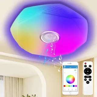 Dimmbare 48-W-LED-Deckenleuchte mit Bluetooth-Lautsprecher, Ø 39 cm RGB-Bluetooth-Deckenleuchte mit Fernbedienung und App-Steuerung, LED-Musik-Deckenleuchte für Schlafzimmer, Kinderzimmer und Wohnzimmer
