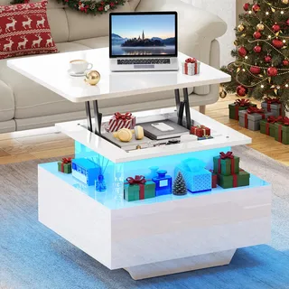 YITAHOME Couchtisch Höhenverstellbar mit LED Beleuchtung Modern, 60x60x45cm, Wohnzimmertisch Hochglanz mit Offenem Ausstellungsregal und 2 Schubladen