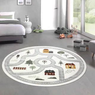 CARPETIA Kinderteppich Rund Stadtplan Creme Pastell Ø 160 cm | Weich, pflegeleicht, strapazierfähig, formstabil, schmutzabweisend und schadstofffrei, für Fußbodenheizung