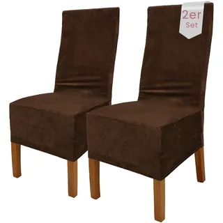 Scheffler Home Stuhlhussen Samt Braun 2er Set Puma – Elastische Stuhlbezüge für Hochlehner und Polsterstühle – Waschbar und formstabil