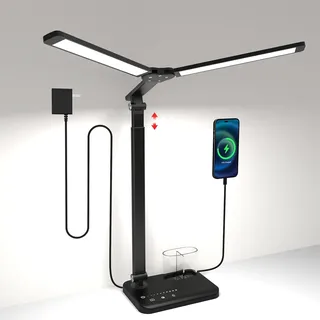 iVict Led-Schreibtischlampe, Doppelkopf, höhenverstellbar, dimmbare Nachttischlampe mit USB-Ladeanschluss, 5 Lichtmodi, Schreibtischlampen für Kinder, Touch Control zum Lesen, Basteln, Arbeiten
