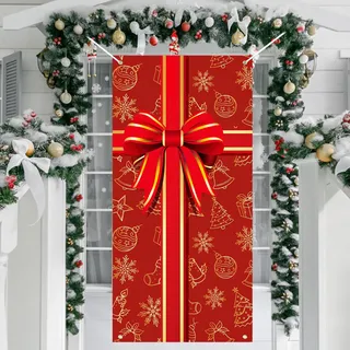 HOWAF Weihnachtsbanner Outdoor, Weihnachten Banner Weihnachten Outdoor, Christmas Door Cover Türbezug Weihnachtsdeko Tür mit Großer Schleife Weihnachts Banner Türdeko Weihnachten Neujahr, 90 x 185 cm