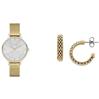 Skagen Damen Anita Lille Goldfarbene Edelstahl Uhr und Merete Goldfarbene Ohrringe, Set