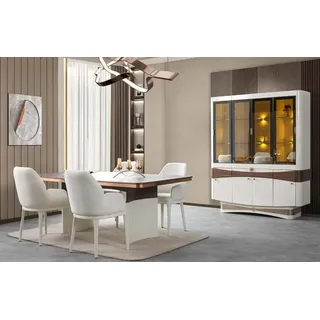 aea Essgruppe Esstisch 4x Stühle Vitrine Mit Beleuchtung Weiß Esszimmermöbel 6tlg - Weiß