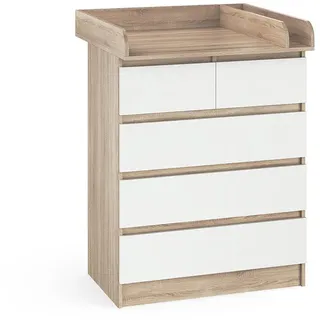 Vicco Wickelkommode Emma Sonoma/Weiß 80 x 110.2 cm mit 5 Schubladen , Sonoma Eiche, Weiß , Holzwerkstoff , Rechteckig , 80x110.2x76 cm , Babymöbel & Kindermöbel, Babyzimmer, Wickelkommoden & Zubehör, Wickelkommoden