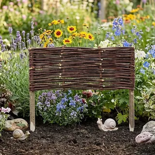 Gartenstecker "Weidenzaun" 50x20 cm, Beetbegrenzung aus Weide & Holz, Rasenkante, Beetzaun, Beeteinfassung, Staketenzaun - Braun