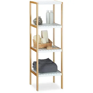 Relaxdays Regal mit 4 Fächern HBT: 110 x 33 x 34 cm Schickes Badregal mit 4 Ablagen aus natürlichem Holz Standregal als Küchenregal oder Holzregal zur Aufbewahrung im Badezimmer, weiß, natur