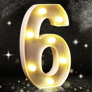 Silberfarbene Glitzer-Dekoration mit LED-Licht, Zahl 6, geeignet für Geburtstagsparty-Dekoration, Babyparty, Hochzeitshintergrund, Heimdekoration, 21,6 cm, silberfarbene Zahl 6 (warmweiß)