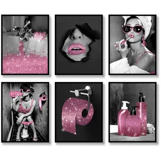 luodroduo Fashion Wall Art Set mit 6 rosafarbenen und schwarzen und weißen Glitzer-Poster auf Leinwand, Badezimmer-Dekor, moderne Frauen, lustiges Kunstwerk (B & W, Pink, 20,3 x 25,4 cm, ungerahmt)