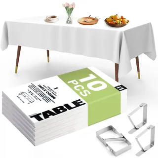 YSOOUA Einweg Tischdecke Eindicken Weiß Tischtuch Rechteckig Tischdecken 10 STK Kunststoff Tischdecken Wasserdicht 137 x 274 cm Biertisch Tischdecke mit Tischklammern für Party Hochzeit Feste