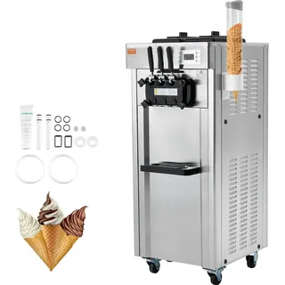 Vevor Kommerzielle Eismaschine Eiscreme-Maschine 21–31 L/h Freistehende Softeismaschine mit 3 Geschmacksrichtungen, 2 x 4,3 L Edelstahlbehälter, LED-Panel, Automatische Reinigung, Kühlung über Nacht