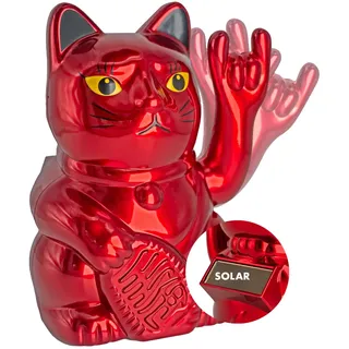 ANGRY CAT Mini Winkekatze Lucky CAT - SOLAR betriebe lustige winkende Rock-Katze mit Heavy-Metal-Zeichen - Dekoartikel Wackelfigur mit Winke-Arm - 10cm, rot metallic
