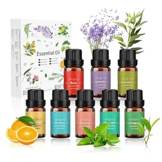 Ätherische Öle Set 8 x 10 ml, 100% Naturrein Aroma Duftöl Rosmarin, Bergamotte, Eukalyptus, Lavendel Pfefferminze, Zitronengras Bergamotte etc für Diffuser, Seife, Kerzen, Luftbefeuchter, SPA