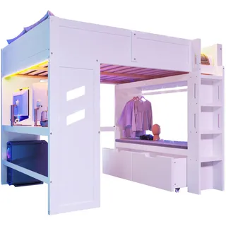 Okwish Hochbett 140/200 cm mit Schreibtisch und LED-Beleuchtung in Weiß , Holz , 140x200 cm , Babymöbel & Kindermöbel, Kinderzimmer & Jugendzimmer, Kinderbetten, Hochbetten