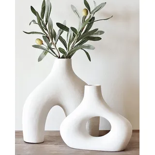 Carrot's Den Donut Vase, 2er Set - Minimalistischer nordischer Stil, weiße Keramikvase Dekor - Tischdekoration Hochzeit, Wohnzimmer, Bücherregal, Schlafzimmer, Büro, moderne Boho Wohnkultur (Warmweiß)