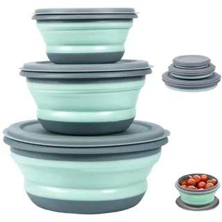 soporXw Faltbare Schüssel, 3 Stück Silikon Tragbare Geschirr, Camping Zubehör mit Deckel, Camping Gadgets Küche Salatschüssel Frischhalteboxen Runden, Obst Salat für Campingküche Wohnwagen Wandern
