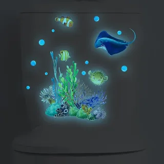 HGDESIGN® Wandtattoo Leuchtend Wandaufkleber leuchtsticker WC Toilettendeckel Aufkleber Aquarium Unterwasserwelt Fisch Badezimmer Wandsticker Klo Toilette Bad Dekoration (B)