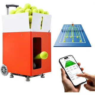 VEVOR Tennisballmaschine Max. 121 km/h Tischballwerfer 110 Ballkapazität, Ballwurfmaschine mit Spin-Steuerung, App-Steuerung, 20 Trainingsmodi, 4 Stunden Akkulaufzeit, Rollen und Metallgehäuse