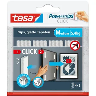 Tesa Powerstrips CLICK Medium - 4 x 2 Stück | Klett-Klebepads zum An- und Abklicken von Bilderrahmen und Wanddekorationen ohne Bohren - mit ON und OFF Click-System