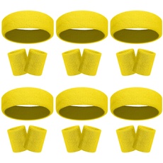 18-teiliges Schweißband-Stirnband-Armband-Set, bunt, gestreift, Frottee, Sport, Fitnessstudio, 80er Jahre, Schweiß-Stirnbänder, Handgelenkbänder (6er Pack-Gelb)
