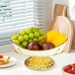 MEESOGA Keramik Obstschale mit Gold Metall Stand, Dekorative Obstschüssel Modern Obst Etagere für Küche & Wohnzimmer, Elegante Servierschale für Obst Gemüse Snacks Süßigkeiten Tischdeko Gold Weiß
