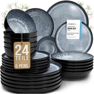 Steingut Geschirrset 6 Personen Ibiza 24 tlg. TESTSIEGER, Traumhaftes Mediterranes Steingut Geschirr Set, Schüssel- und Teller Set, Tafelservice 6 Personen, Geschirrsets Pure Living in Graublau