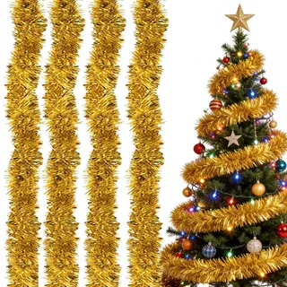 4X Lametta Girlande Gold (Je 2m) – Extra Breite & Flauschige Weihnachtsbaum Girlande mit Frostspitzen-Effekt | Glänzende Christbaum G-irlande als Weihnachtsbaumschmuck & Partydeko, Wiederverwendbar
