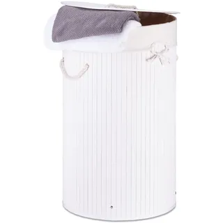 Relaxdays Wäschekorb 70 l, rund Bambus, Baumwolle, Polyester Weiß