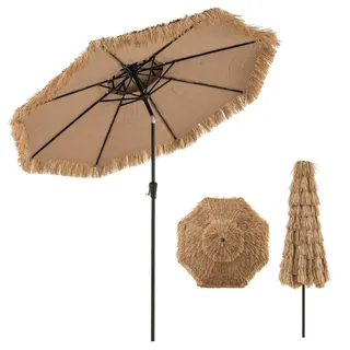 FANTASK Sonnenschirm Hawaii mit 2-Stufiger Bald, Perfekte UV-Beschattung Strohschirm mit Doppeldach, Kippbar Gartenschirm neigbar